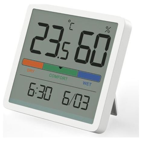 Thermomètre-hygromètre d'intérieur, thermomètre de bureau numérique avec indicateur précis de température et d'humidité, thermomètre d'ambiance avec indicateur précis d'humidité et horloge (blanc) (1/4)