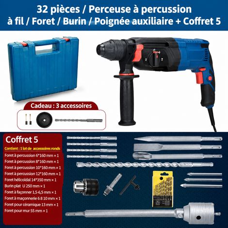 Perforateur Burineur Électrique 220V kit 32 tête unique queue ronde 5 cannelures Marteau Béton Réversible 1 kg – Livraison gratuite