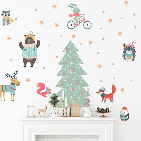Stickers Noël sapin et animaux scandinaves - Autocollants stickers adhésifs noël - décoration fêtes - 60x40cm (1/5)