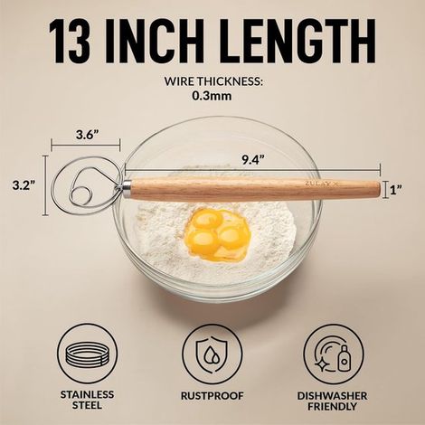 Frusta danese per impasti, grande frullatore a mano - grande frusta danese da 33 cm in acciaio inox e legno - frullatore artigianale in stile olandese per pane, pastelle, torte, pasticcini e altro anc (1/5)