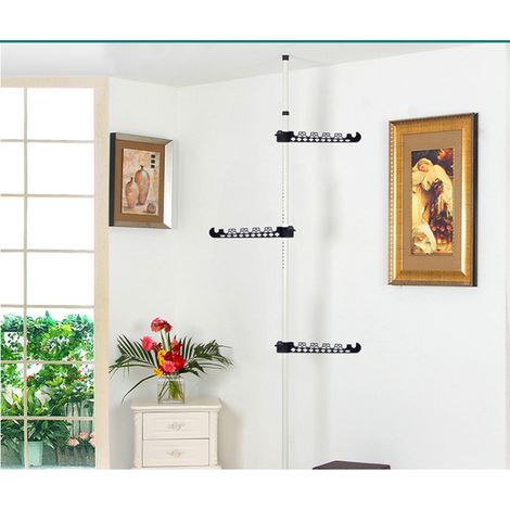 Cintre mural intérieur extensible antidérapant pour vêtements, sans glissement, blanc avec 3 barres de rangement, penderie de chambre ou salon, 4 pièces. (1/5)