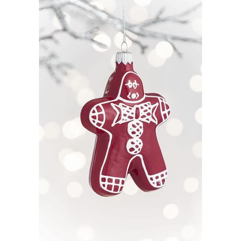 Boules de Noël en Verre - La Forme du Bonhomme en Pain d'épices en Rouge avec décoration Blanche