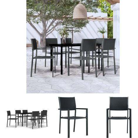 Gartenstühle - vidaXL 7-tlg. Garten-Essgruppe Schwarz - Gartenstuhl (1/5)