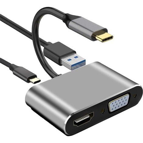 Hub USB-C 4 in 1 - Da Type-C a HDMI + VGA + USB 3.0 + Porta di ricarica PD - 4K a 30Hz - Supporta Display Mirroring/Extension - Compatibile con (1/4)