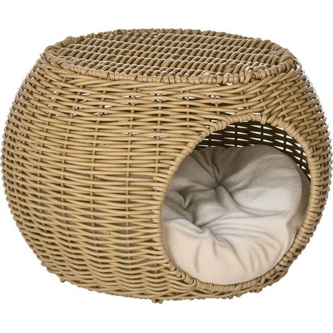 Niche panier maison pour chat 2 niveaux en résine tressée aspect rotin avec 1 coussin doux Ø 40 x 30 cm marron clair (1/5)