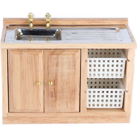Lavabo miniature en bois pour maison de poupée (échelle 1:12), petit meuble exquis pour salle de bain ou cuisine, couleur bois. (1/5)