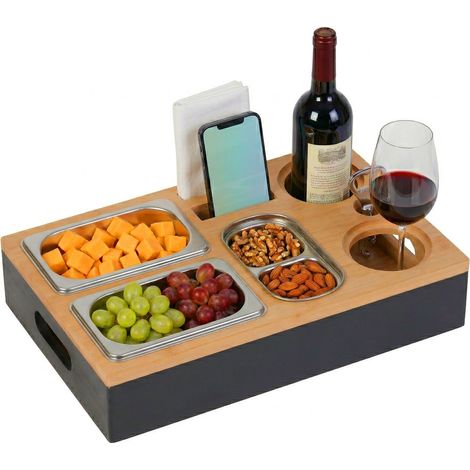 Relaxdays Couchbar, Bambus, 3 Edelstahlschale für Snacks, Halter für Flaschen, Gläser, Handy, Sofatablett, schwarz/natur
