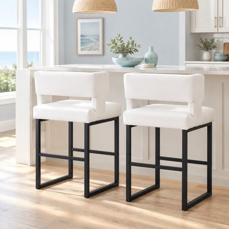 Lot de 2 tabourets de bar nordiques en cuir régénéré blanc, pieds métal noir, assise rembourrée épaisse 8,3 cm, hauteur 91,4 cm, structure stable FLORAGRACE (1/5)