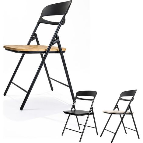 JARDIN202 - Silla Plegable Florencia Negra  Asiento Negro/Blanco/Madera   Estilo Italiano  Estructura de Metalica  Hogar, Oficina   (Asiento Madera)