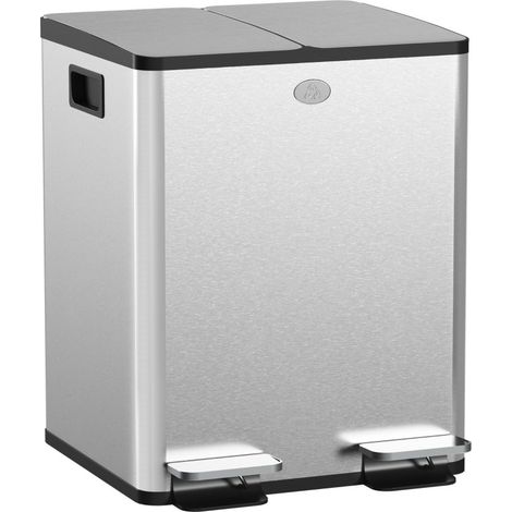 Poubelle en acier inoxydable 40L à double compartiment, équipée de supports de déodorant, finition argentée