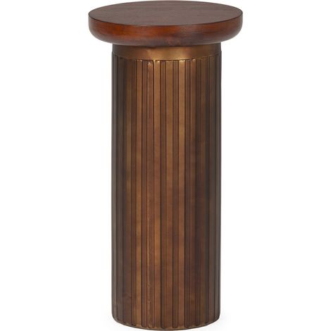 Table d'appoint bois noyer design colonne élégante - Noyer foncé et bronze patiné (1/3)