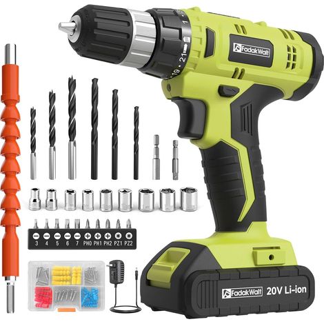 Perceuse Visseuse Sans Fil, 20V Visseuse Devisseuse Sans Fil Max 30Nm, Batterie 2000mAh, 21+1 Réglages de Couple, Set 60 Pièces, 2 Vitesses, Perceuse-Visseuse pour Travaux Domestiques, Vert (1/5)