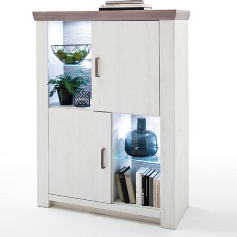 Vaisselier / Buffet haut en pin blanc et chêne Neslon avec LED - L.110 x H.146 x P.45 cm -PEGANE- (1/2)