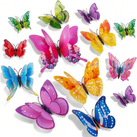 Décoration murale papillon 3D, double couche, autocollant réutilisable pour fête, casier ou réfrigérateur, coloré, 48 pièces (1/4)