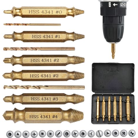 Jeu d'extracteurs de vis à double extrémité (filetage/arête inversés) pour vis et boulons endommagés – HSS4341 (revêtement titane) – Tailles 0, 1, 2 (dorés) – Coffret de 6 pièces + 3 forets hélicoïdau (1/5)