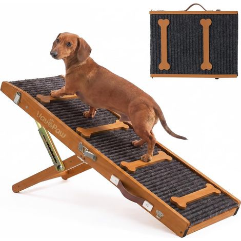 Upgraded Dog Ramp for Sofa, Foldable Small Dog Ramp for Bed, 7 Adjustable Heights 3.9"-18.9" with Non-Slip Pad, Pet Stairs Up to 33 LBS, Walnut (1/5)