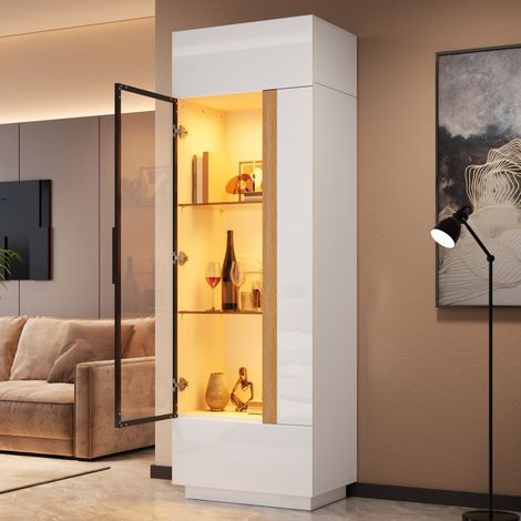 MODFU – Vetrina 60x40x180 cm in truciolato con anta in vetro e LED tramite app, vano chiuso e carico 80 kg – Bianco lucido (1/5)