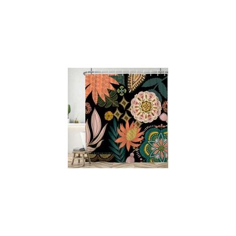 Cortina de ducha estilo bohemio de 180 cm, con estampado de flores rosas y hojas verdes, impermeable y antimoho, de poliéster lavable, con 12 ganchos.