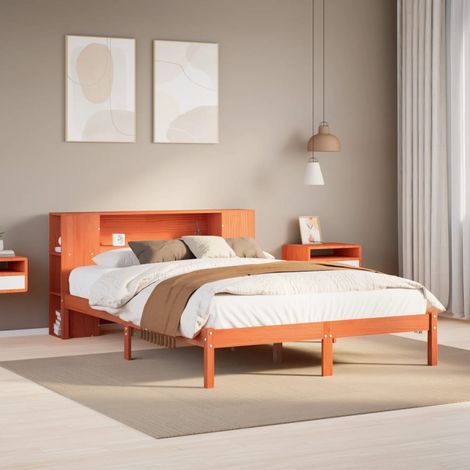 Lit bibliothèque sans matelas cire marron 150x200 cm pin massif (1/5)