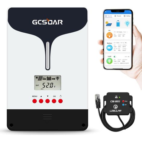MPPT Régulateur de charge solaire 100 A, 12/24/48 V, automatique, PV max. 200 V, affichage LCD, adaptateur Wi-Fi, surveillance à distance, pour gel, AGM, batteries scellées, inondées et LiFePO4 (1/5)