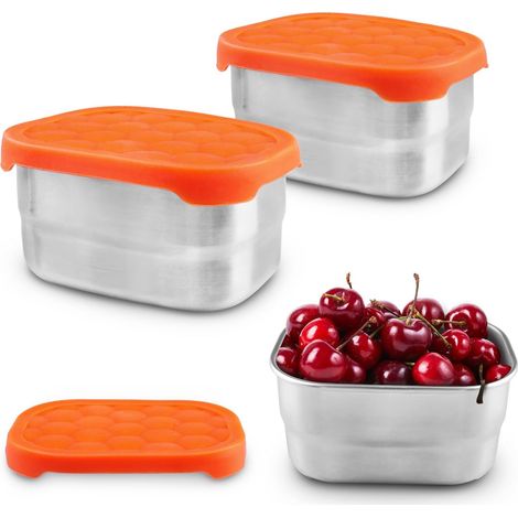 Lot de 3 boîtes à collation avec couvercle en silicone, en acier inoxydable, anti fuite, petite pour collations, sauces, salade, épices, boîte (1/5)