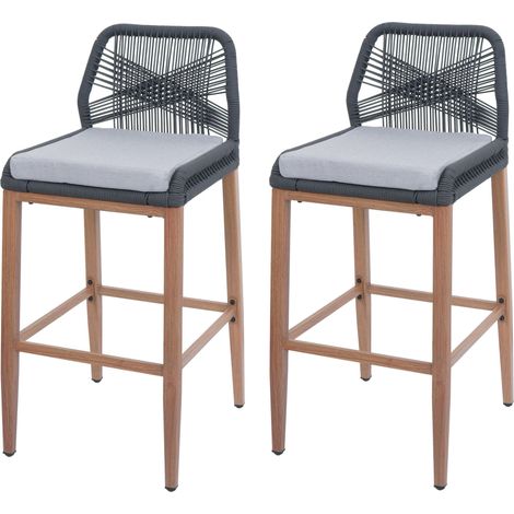 [NEUWERTIG] 2er-Set Rope-Barhocker HHG-982, Outdoor Sitzpolster Seilgeflecht Metall Holz-Optik anthrazit, Kissen hellgrau