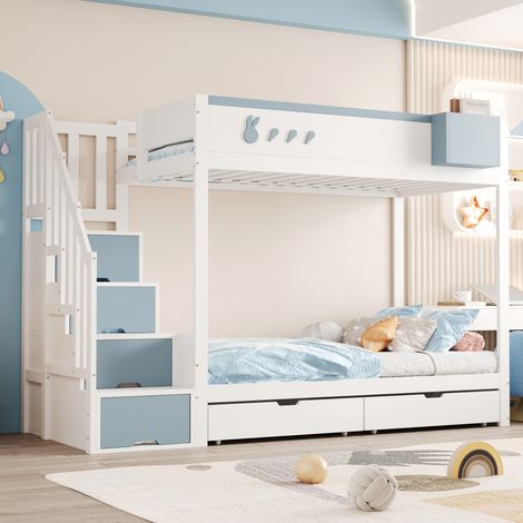 Lit superposé enfant 90x200cm blanc bleu motifs lapin/carotte,tiroirs + compartiment rangement amovible,échelle sécurisée
