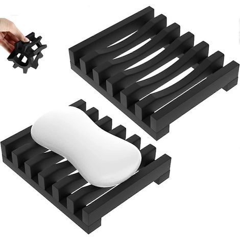 Lot de 2 porte-savons, étui à savon en silicone, boîte à savon de douche, égouttoir, pour lavabo, baignoire, porte-savon en silicone (noir) (1/5)