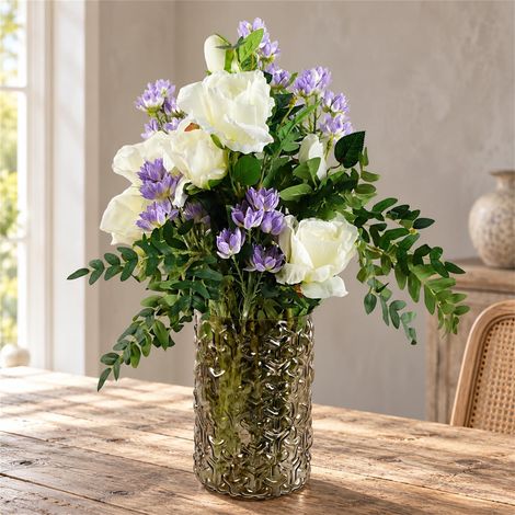Artificial 60cm White Rose Purple Starflower Display Glass Vase (1/5)