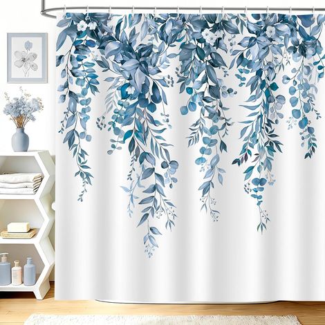 Rideau de Douche Bleu Eucalyptus Feuilles Aquarelle Été 180x200cm (1/5)