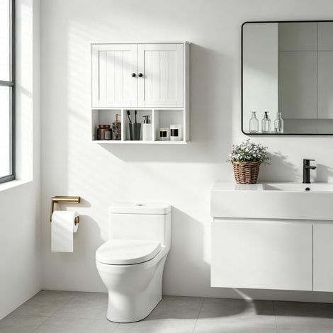 Armoire Murale Salle de Bain Meuble de Rangement Suspendu en MDF Blanc 2 Portes Étagère Réglable 3 Niches 60x19,5x60cm (1/5)