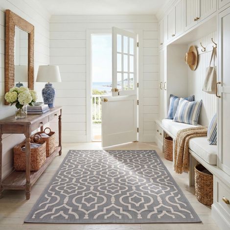 Tapis Géométrique pour Imperméable à l'eau Intérieur et extérieur Courtyard Collection, Tapis à Poil Court, Anthracite et Beige, 122 X 170 cm (1/5)