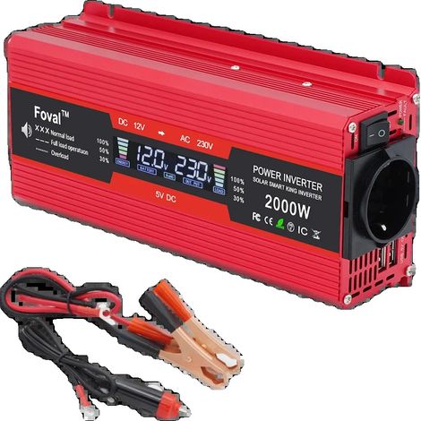 Inversor de potencia, onda sinusoidal modificada, dos puertos USB, 2000 W, rojo. (1/2)