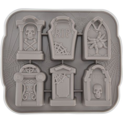 Moule à Glace 6 Cases Gris en Silicone, Forme Tombale Horreur, Facile à Nettoyer pour Gâteaux d'Halloween (1/5)