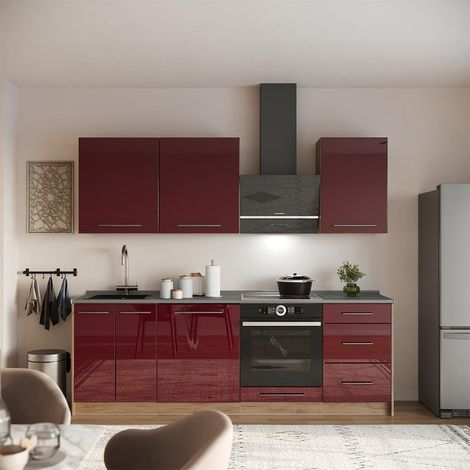 Küchenzeile Fame-Line, Bordeaux Hochglanz/Goldkraft Eiche, 230 cm, AP Marmor, Vicco (1/5)