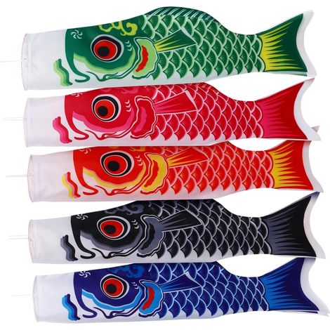Manche à Air à Carpes Koï en Satin Portable et Facile à Utiliser, Lot de 5pcs de Drapeaux de Poissons Décoratifs Japonerie pour Jardin et Décoration Extérieure (1/5)
