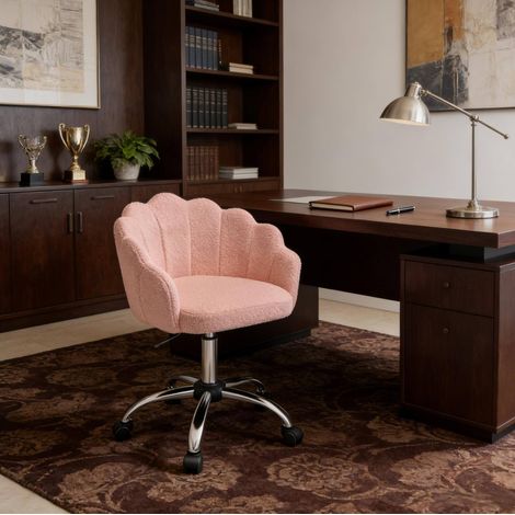Sedia da ufficio in tessuto rosa con pistone a gas e ruote, design a fiore, 37,5 x 55 x 81,5 cm (1/5)