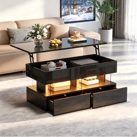 Table basse en MDF et acrylique 100 x 50 x 46 cm noire, relevable avec LED et 2 tiroirs (1/5)