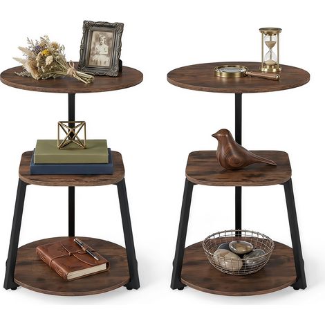 Lot de 2 Tables d’Appoint Ronde 3 Niveaux, Industrielles avec Station de Charge, Structure Métal, Pieds Réglables pour Salon, Chambre à Coucher (1/5)