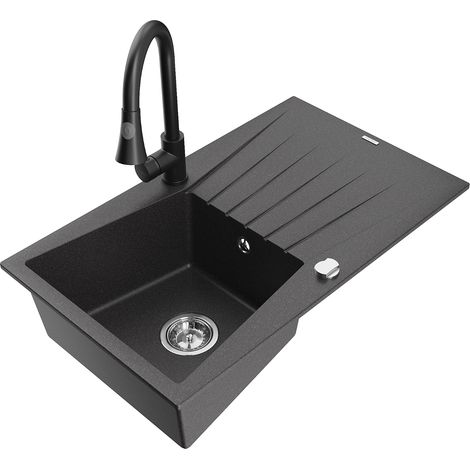 Mexen Cesar évier granit 1-bac avec égouttoir et robinet de cuisine Elia, noir moucheté - 6514-76-670101-70 (1/5)