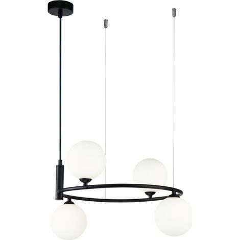 Lampada a sospensione Maytoni Ring nera 4 luci, sfere bianche