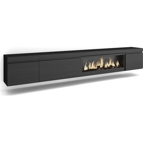 Skraut Home - Meuble TV, Banc Télé, Grand espace de Rangement, 288x45x35 cm, TV grand format, Cheminée électrique XXL, Suspendu, Mural, Style moderne, Noir (1/5)