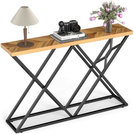 COSTWAY Tavolo Consolle, Tavolo d’Ingresso in Stile Rustico con Base Geometrica in Metallo, Tavolino Lungo Industriale per Corridoio, Soggiorno e Ingresso, 140 x 29,5 x 90 cm (1/5)
