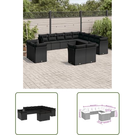 The Living Store Salon de jardin avec coussins 13 pcs noir résine tressée - Ensemble Salon De Jardin - Canapé Extérieur - Meuble De Jardin - Mobilier De Jardin - Salon De Jardin Design