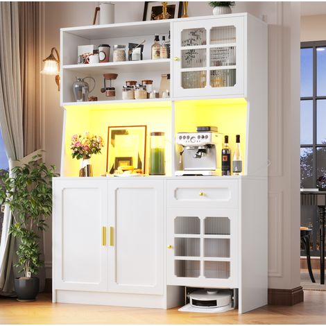 Buffet de cuisine MDF blanc 130 x 45 x 180 cm, avec portes vitrées, tiroirs, rangements ouverts et éclairage LED (1/5)