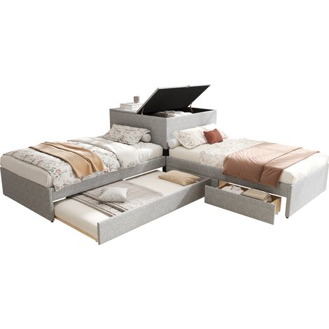 Letto angolare con letto estraibile, contenitore laterale e 2 cassetti, letto singolo 90x200 cm in tessuto grigio, con rete a doghe, senza materasso CHICFURN (1/5)