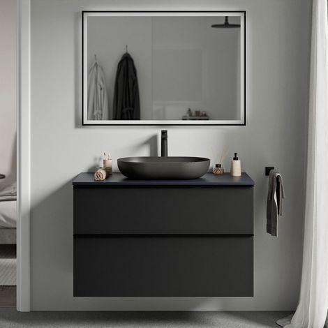 Badmöbel Unterschrank Bernstein LAVOA 100cm Badmöbel: Schwarz matt, Waschtischplatte: Mitternachtsblau matt, Metallgriff: Chrom