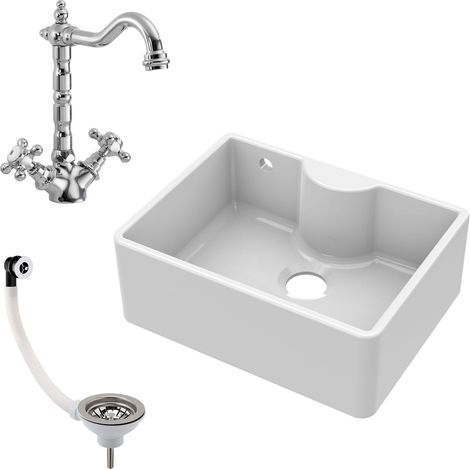 Fireclay 595mm Single Bowl Butler Kitchen Sink with Tap Ledge, Overflow, Classic Kitchen Mixer Tap and Waste Bundle by Balterley (1/4)