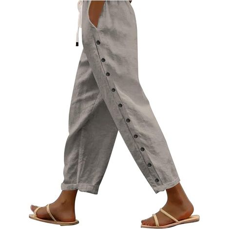 Pantalon lin femme été léger, sport décontracté coton, pantalon taille haute ample unicolore, pantalon plage à poches, pantalon large élégant femme, sarouel casual 7/8 (1/5)