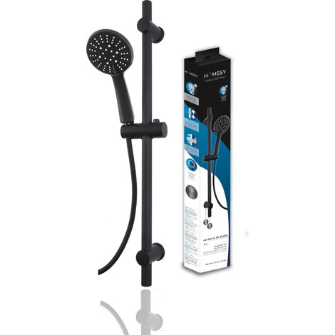 HOMSSY - Barra de Ducha Regulable negro mate 70 cm – Conjunto de Ducha en Acero Inoxidable con Alcachofa de Mano 5 Funciones, Manguera Flexible 1,75 m y Soporte Ajustable (1/5)